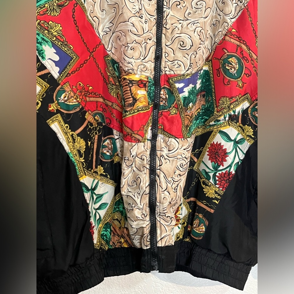 Vintage Silk Equestrian Zip up jacket Horse Floral Baroque Unique 90s - Picture 2 of 8